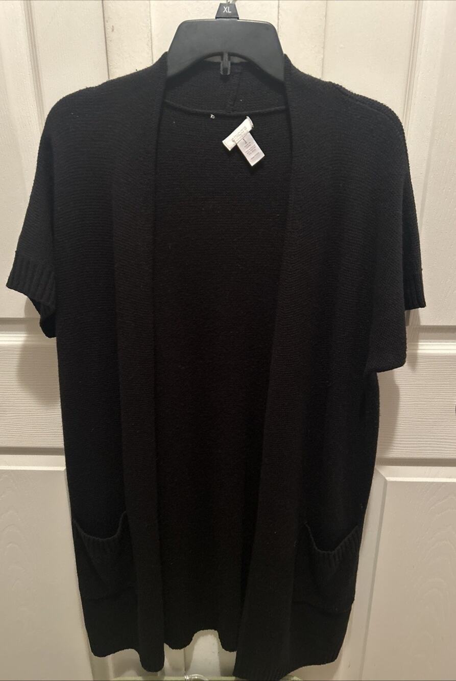 CHICOS Sweater Short Sleeve Size 1 Women Black Cotton Blend Open Front Long